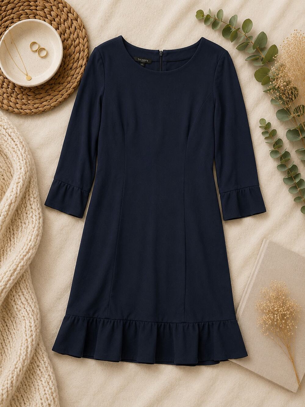 Talbots Ruffle Hem Shift Dress Navy Blue 3/4 Sleeve Quiet Luxury Timeless SZ 10P